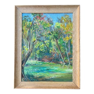 Vintage Florida Spring Landscape Painting in the Highwaymen Style in Pickled Cerused Wood Frame, Mid-20th Century For Sale