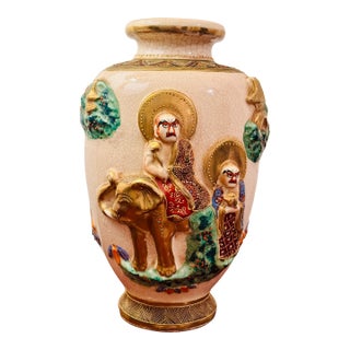 Antique Asian Figural Crackle Glaze Vase With Elephant Motif, Early 1900's For Sale