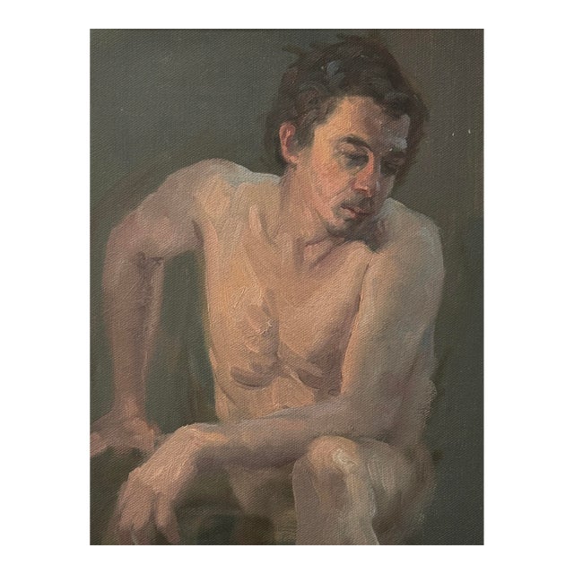 Vintage Expressionist Male Figurative Nude Study, Framed (Oil on Canvas Paper) For Sale