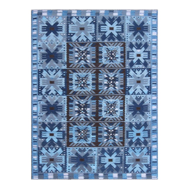 Scandinavian Flat-Weave Rug in Blue & Brown by Keivan Woven Arts 9'0 X 12'0 For Sale