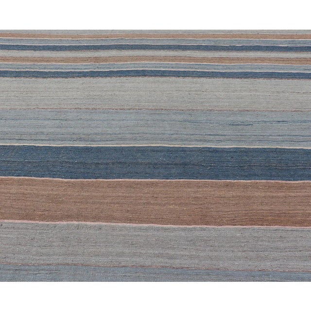 Blue 2020s Modern Kilim Rug With Large Stripes in Shades of Blue's, Brown, Gray For Sale - Image 8 of 13