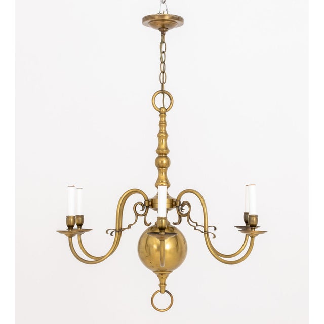 Dutch Style Six Branch Brass Chandelier, 20th century, with orb form center and scroll form branches. 35" H x 26.5"...