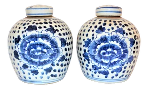 Contemporary Porcelain Floral Blue White Mini Lidded Jars- a Pair