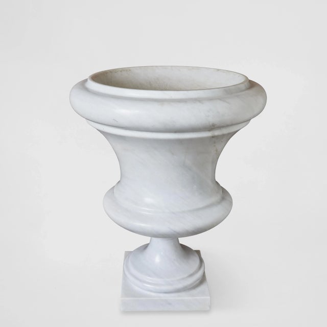 Pair of Large Italian White Carrara Marble Urns For Sale - Image 4 of 10