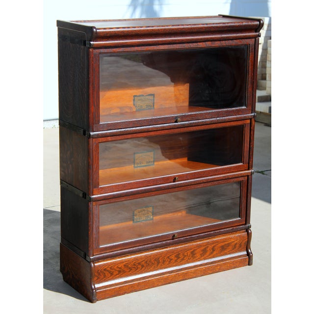 American Antique Globe-Wernicke 3-Tier Tiger Oak Barrister Bookcase – Grade 299 For Sale - Image 3 of 17