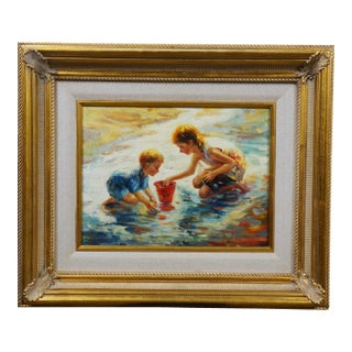 Timeless Treasure Impressionist Oil Painting Children on Beach Seascape Framed For Sale
