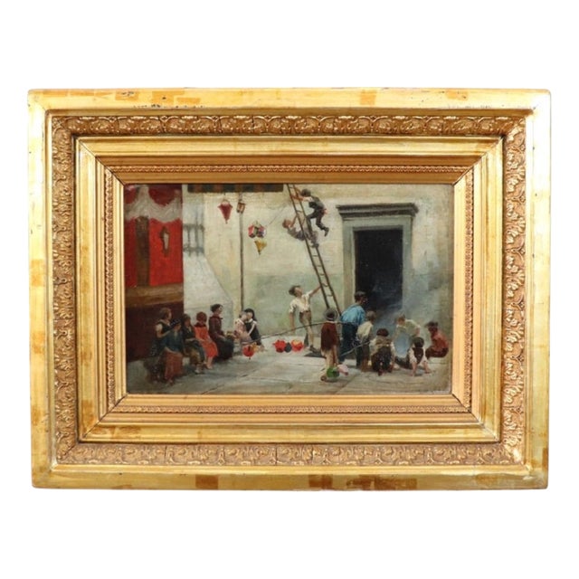 Children Playing, Oil Painting on Canvas, 19th Century, Framed For Sale