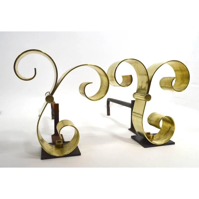 Metal Brass Scroll Andirons After Raymond Subes For Sale - Image 7 of 9