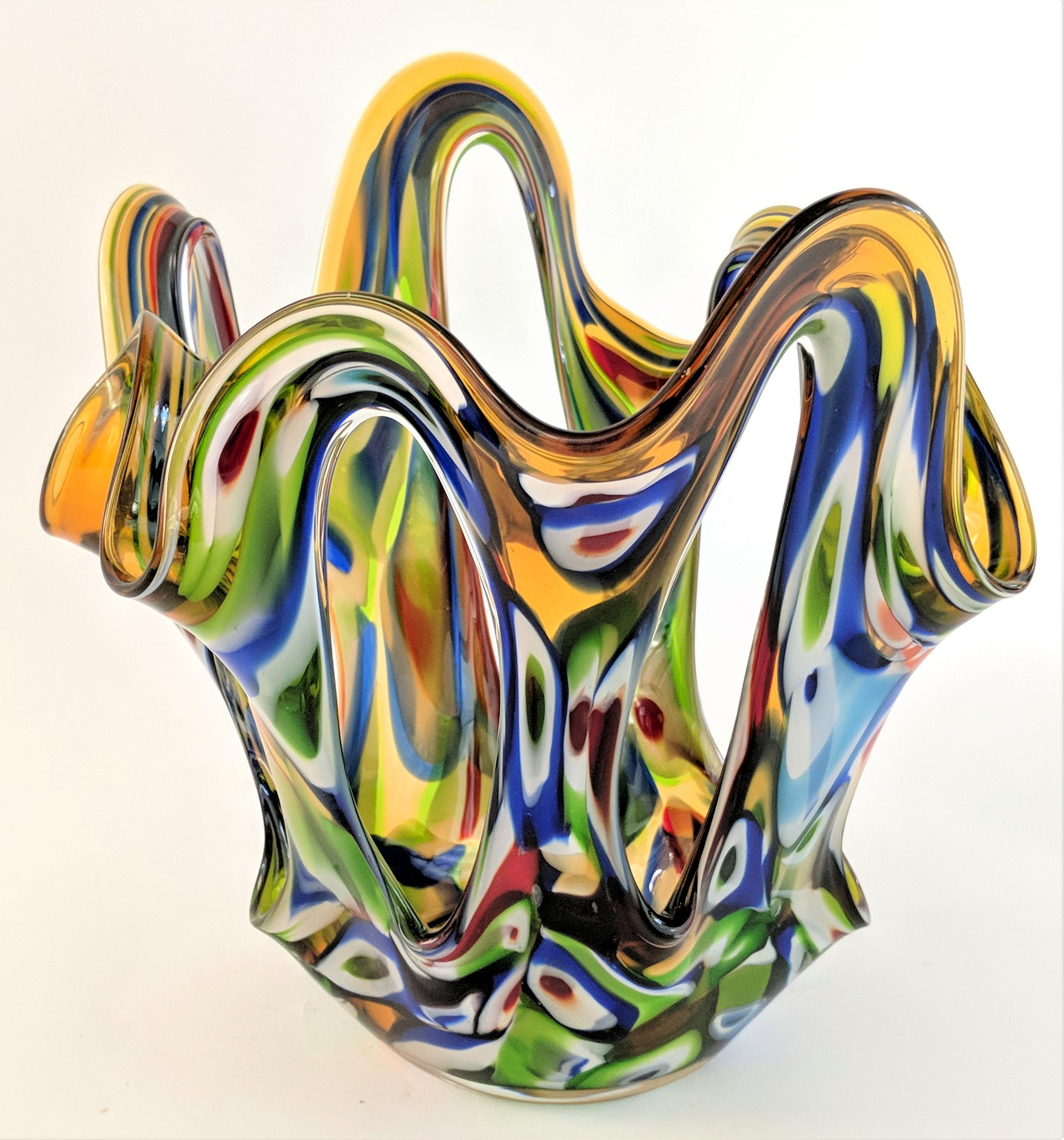 Multi Colored Stretched Art Glass Vase or Bowl by Jozefina Krosno, Poland  Chairish