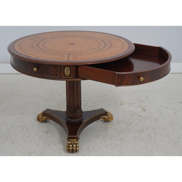 Traditional Maitland Smith Round Mahogany Leather Top Drum Table For Sale - Image 3 of 18