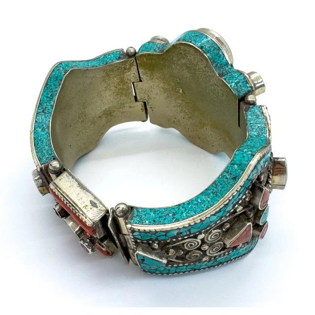 1940s Vintage Moroccan Tribal Turquoise & Coral Jewelry Set, Cuff , Ring , Pair of Earrings (4 PCS For Sale - Image 5 of 12