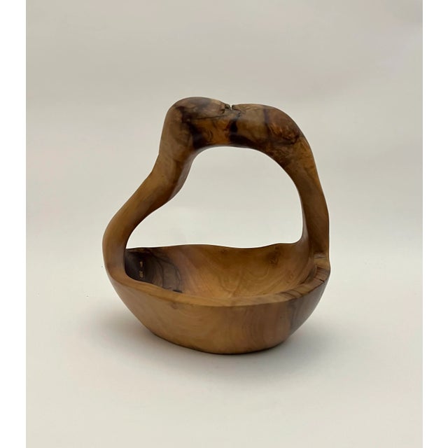 Hand-Carved Teak Wood Basket: Vintage Fruit Bowl, Wooden Caddy For Sale - Image 4 of 5