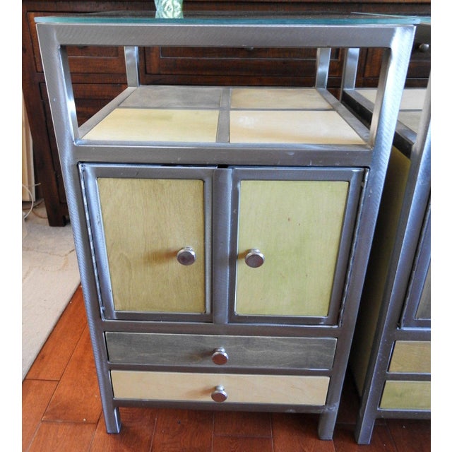 Pair of Venezia Furniture Industrial Modern Steel & Stained Wood Nightstands / End Tables With Glass Tops For Sale - Image 13 of 16