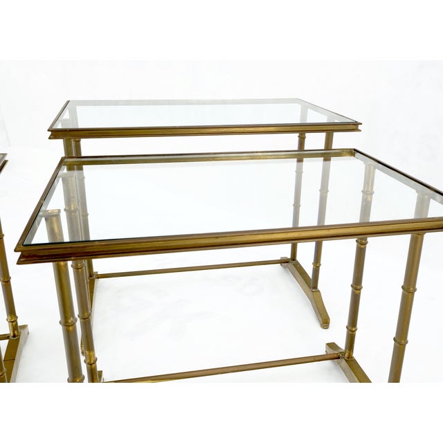 Set of MCM Solid Brass Faux Bamboo Glass Top Nesting Side End Tables Stands For Sale - Image 6 of 15