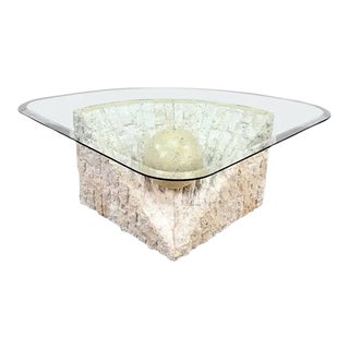 Postmodern Tessellated Mactan Stone Triangular Base & Glass Top Coffee Table Large Sphere Style Maitland Smith For Sale