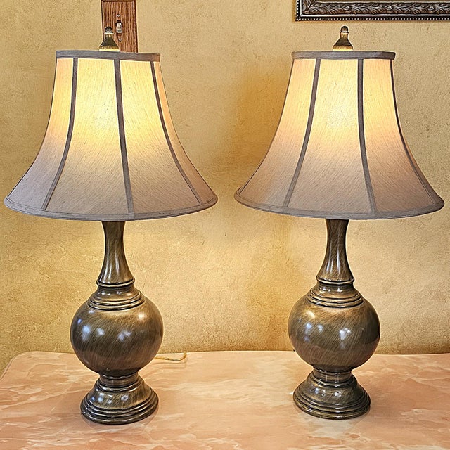 Vintage Bronze Urn Table Lamps With Neutral Shades, Classic Traditional Lighting, 32” Tall - a Pair For Sale - Image 13 of 18