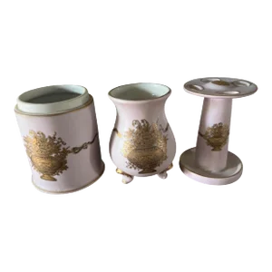 3 Piece Pink Vintage Vanity/Bathroom Set Bisque Porcelain Toothbrush Holder/2 Vases Gold Florals