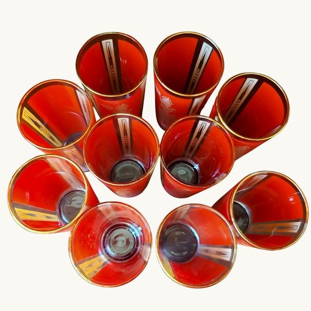 Mid-Century Modern Culver Red & Gold Thai Goddess 22k Gold Red Highball Glasses – Set of 12 For Sale - Image 3 of 5