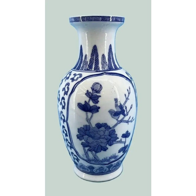 Chinoiserie Blue and White Chinoiserie Vase on Carved Wooden Stand For Sale - Image 3 of 7