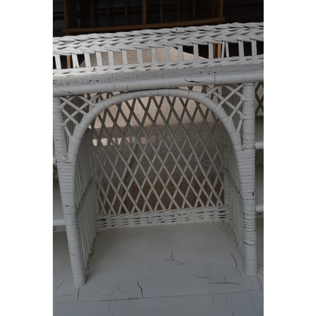 1970s Vintage White Wicker Writing Desk W/ Drawer / Side Basket & Cubbies / Shelves For Sale - Image 5 of 18