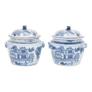 Pair of Blue and White Porcelain Pots With Pagodas`