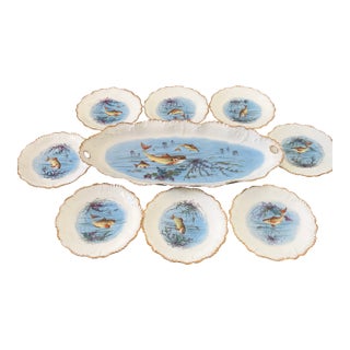 Antique Limoges France Fish Serving Set. Includes One-24” Fish Platter & Eight 9” Plates For Sale