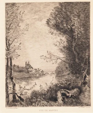 after Jean-Baptiste-Camille Corot, View of Mantes, 19th Century, Etching