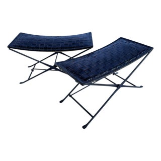 1980s Woven Leather and Wrought Iron Military Campaign Style Bench, a Pair For Sale