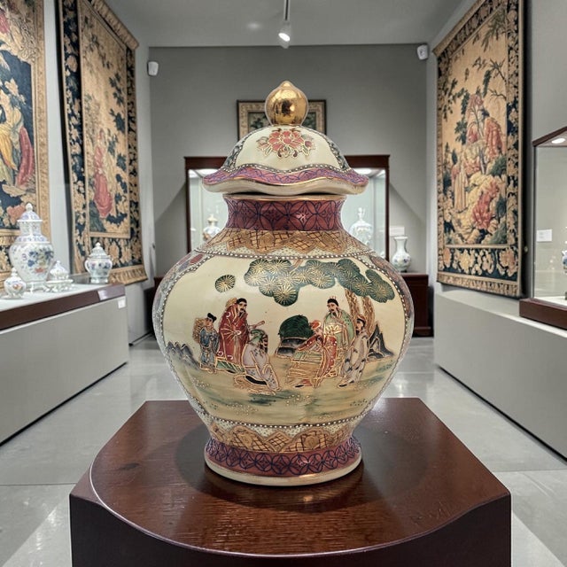 Antique Japanese Satsuma-style covered ginger jar or urn dating to the late Meiji to Taisho period, circa 1900–1920. This...