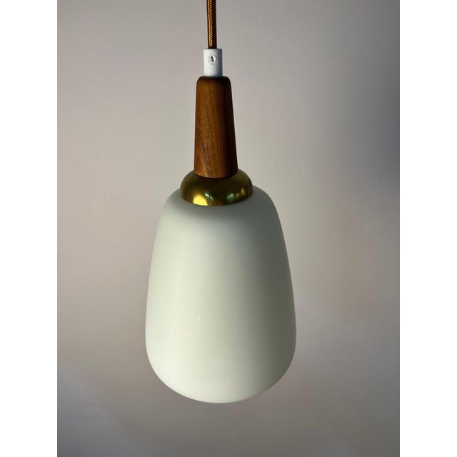 Opal Glass Pendant Lamp with Teak and Brass Cable, Denmark For Sale - Image 9 of 11