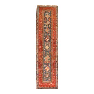 Blue Persian Heriz Serapi Tribal Runner, Early 20th Century - 3'5" x 13'5" For Sale