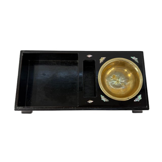 Vintage 1957 Korean Najeonchilgi Black Lacquer Presentation Smoking Box With Brass Ashtray For Sale - Image 6 of 6