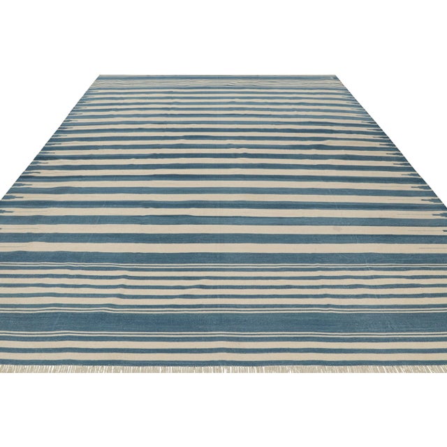 2010s Rug & Kilim’s Contemporary Dhurrie Rug in Blue and Cream White Stripes For Sale - Image 5 of 7