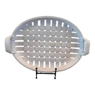 Vintage White Basket Weave Ceramic Tray Platter For Sale