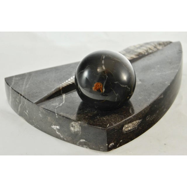 Mid-Century Modern Black Carved Fossil Stone Wedge & Sphere For Sale - Image 3 of 7