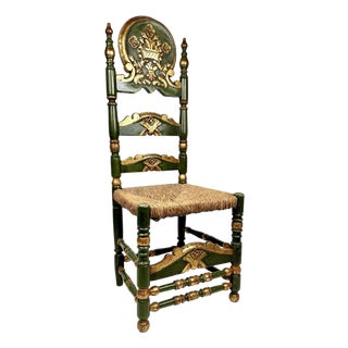 Antique Spanish Colonial Green and Gilt Ladderback Chair For Sale