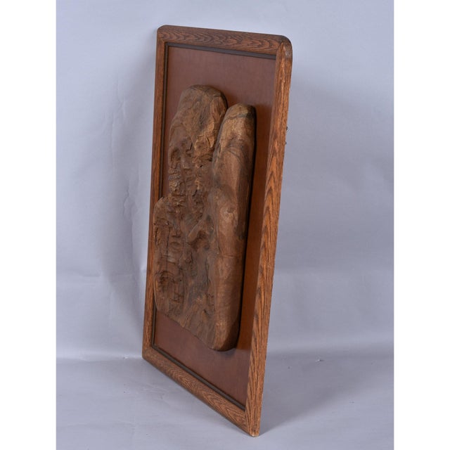1970s Hand-Carved Wood Relief Portrait With Leather Backdrop and Oak Frame For Sale - Image 5 of 13