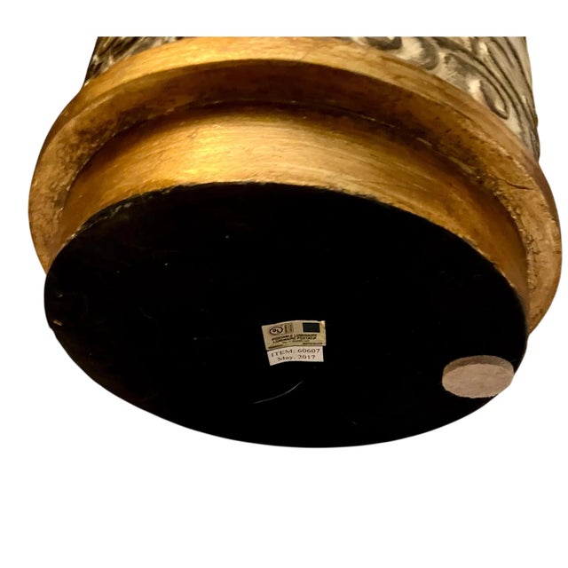 Contemporary Pair of Lamps Circa 2000s Swirled Carved Design in Dark Green Cylindrical Textured Surface With Gold Leaf Base For Sale - Image 4 of 12