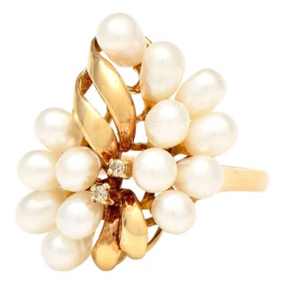 14KY Cultured Pearl & Diamond Accent Cluster Ring, size 6 For Sale