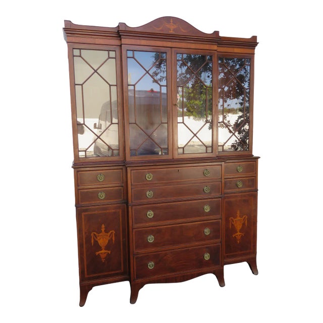 Mahogany Inlay 2 Part Breakfront China Display Cabinet With Desk For Sale