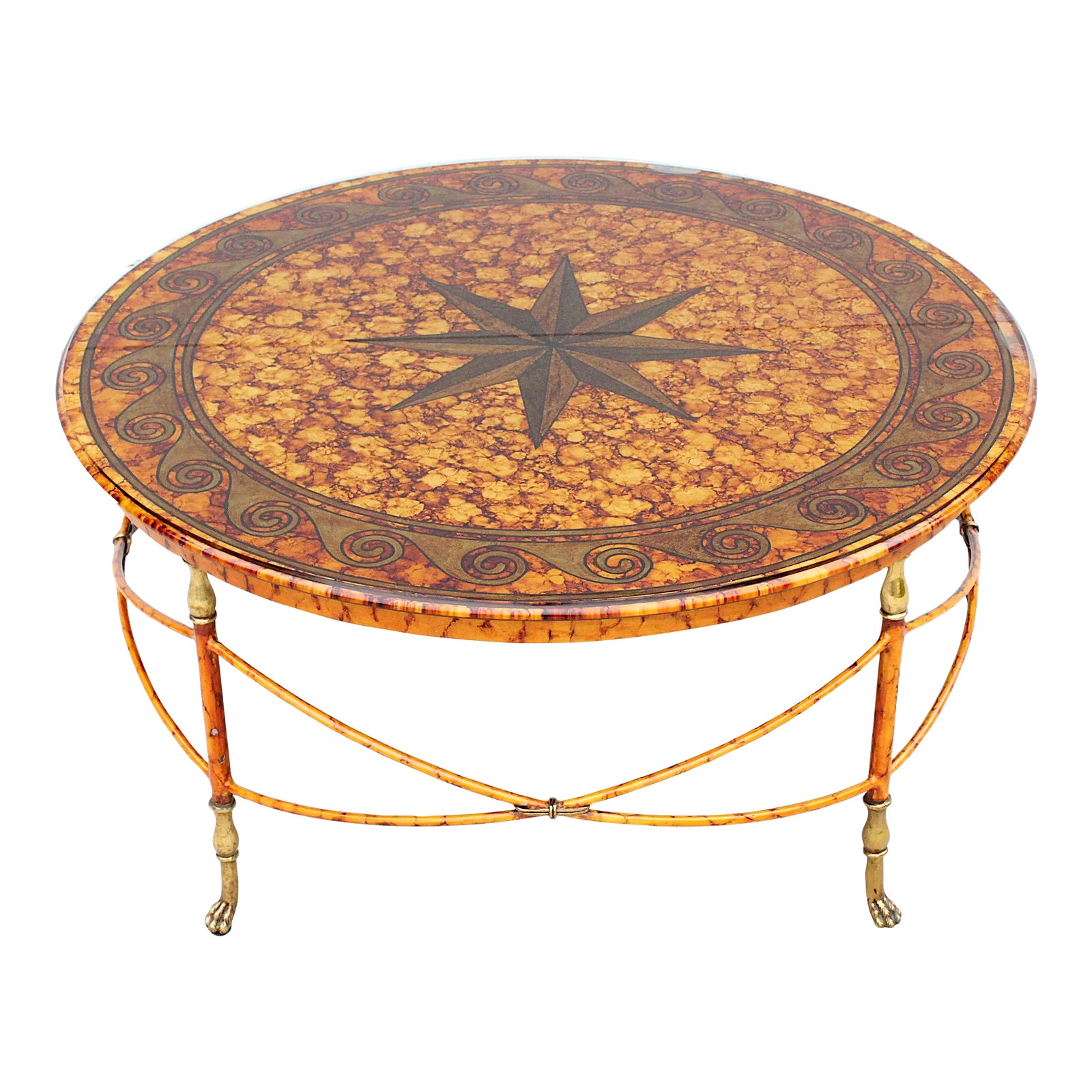 1980s Vintage Neoclassical Empire Style Faux Burl Painted Glass Coffee