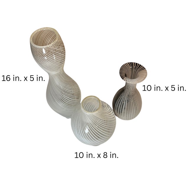 Murano Mezza Filigrana Art Glass White and White and Black Pin Stripe Swirl Vases- Set of 3 For Sale - Image 18 of 18