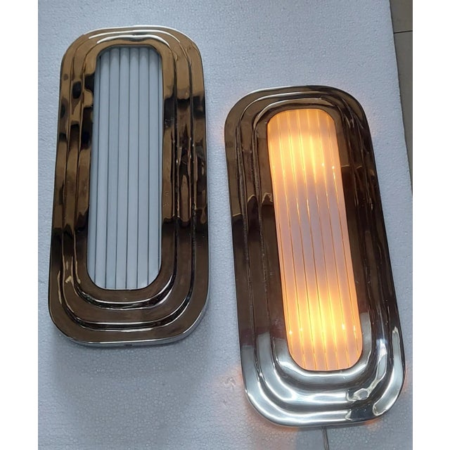 Pair Vintage 1940s Skyscraper Art Deco Wall Ceiling Sconces Fixture in Brass & Milk Glass Rod Ship Light For Sale - Image 4 of 7