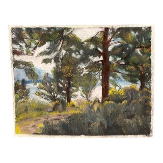1990s Original Plein Air Style Oil Pastel Landscape, Pines and Sagebrush With Distant Lake, Unknown Artist For Sale
