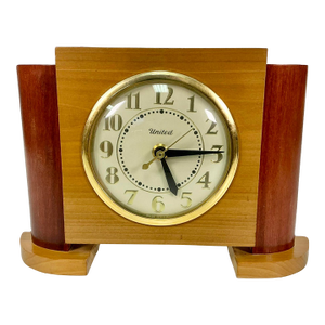1940s Vintage Art Deco Arts & Crafts Boho Chic Wood Tabletop Clock.