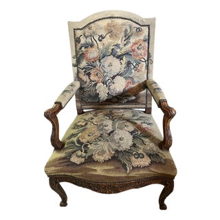 9th Century French Louis XV-style Armchair With Floral Needlepoint Tapestry For Sale
