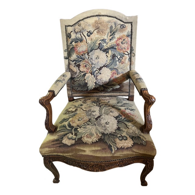 9th Century French Louis XV-style Armchair With Floral Needlepoint Tapestry For Sale