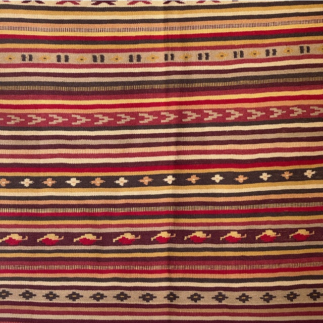 Beige Large Indian Beige Rug with Red, Yellow and White Stripes and Geometric Borders, 1980s For Sale - Image 8 of 18
