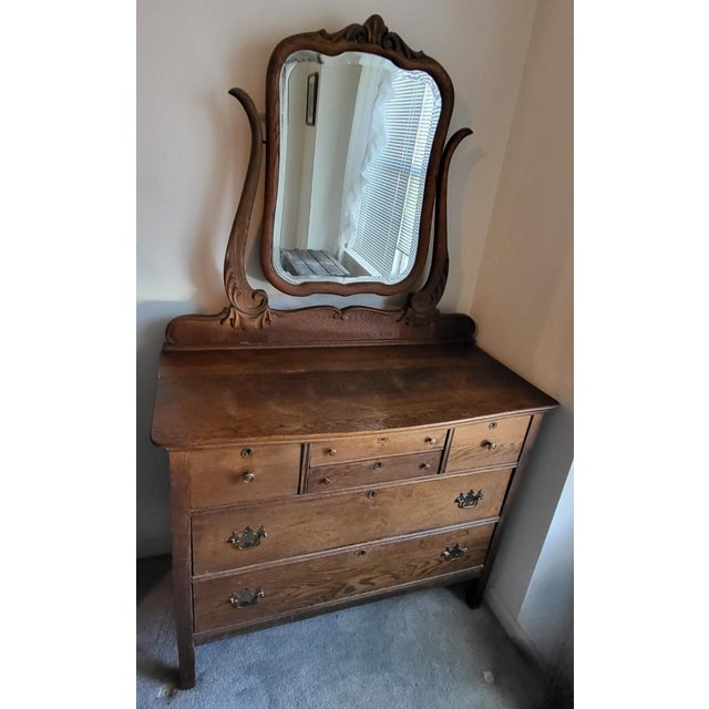 Early 20th Century Antique Tiger Oak Dresser With Vanity Mirror For Sale - Image 5 of 8