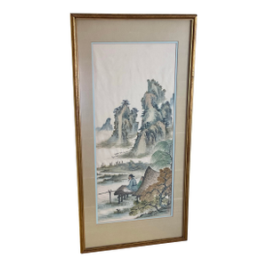 Early 20th Century Traditional Chinese Watercolor Landscape Painting on Silk - Framed